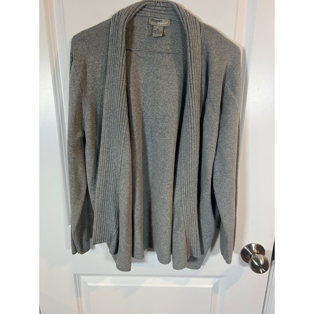 Designers Originals Womens Cardigan 100% Cotton Ribbed Trim Gray XL